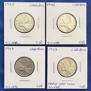 Exceptional Set of 1945,1946,1947 & 1947 Maple Leaf Logo Canada Silver 25¢ Coins